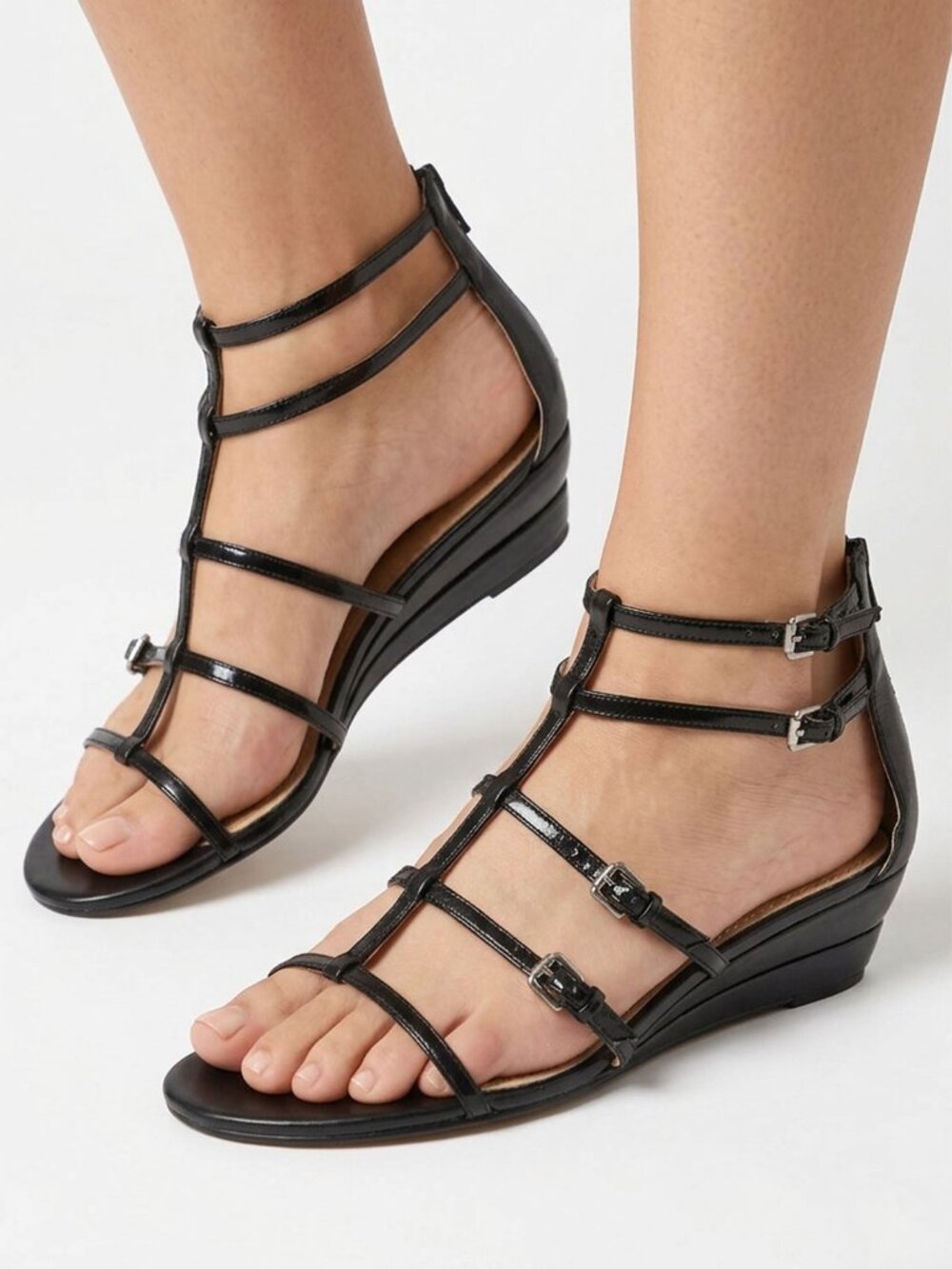 Nine West Barbarian Black Leather Caged Gladiator Wedge Sandals Women's 8.5M